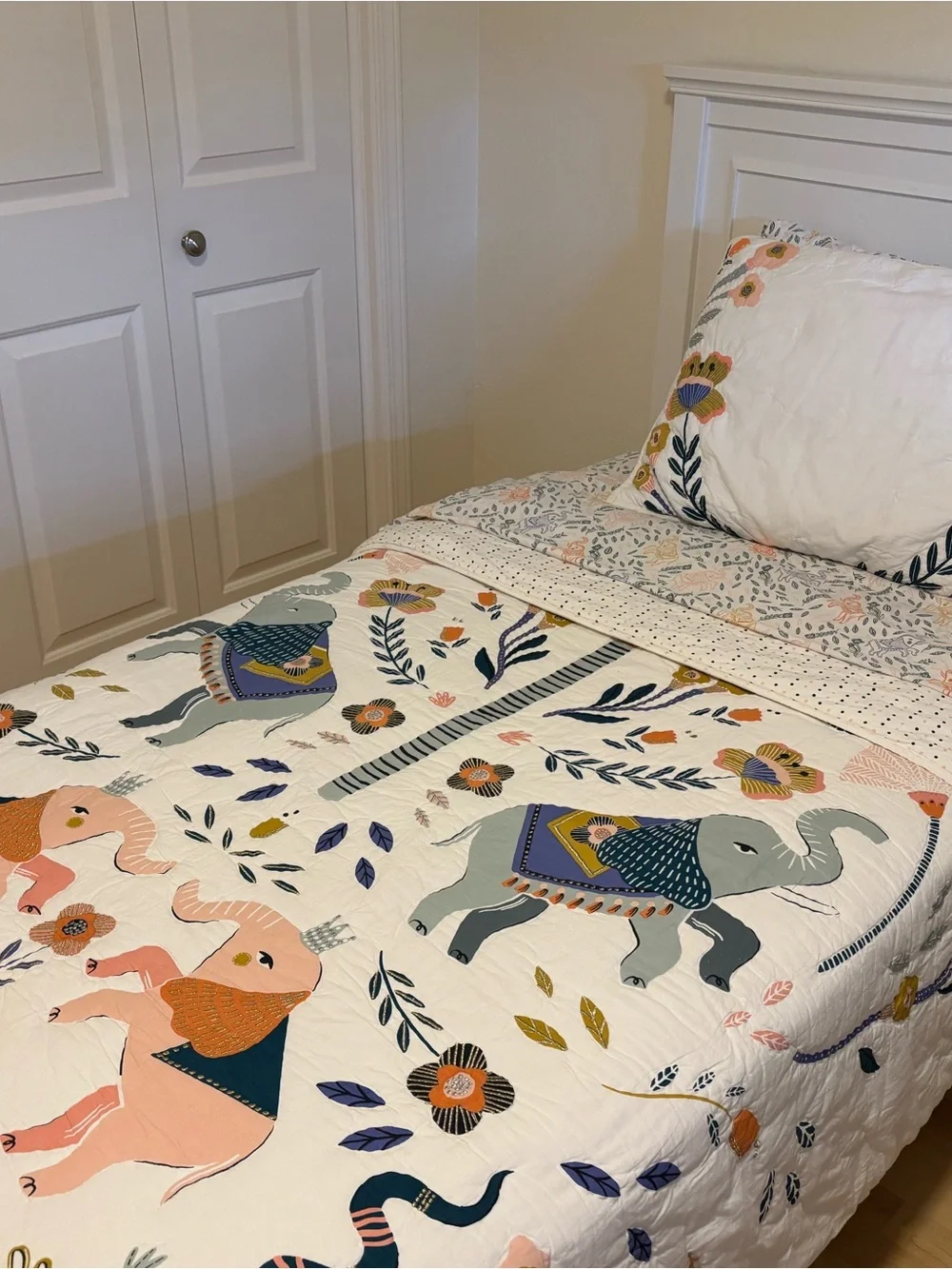 Crate and Kids Twin Embroidered Bedding Set for Girls with Elephant Theme